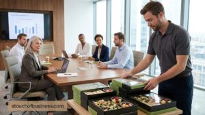 Professional caterer setting up gourmet boxed lunches for executives in a modern conference room meeting.