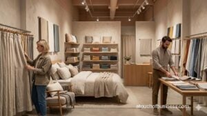 Boutique linen shop displaying home textiles with a customer looking at curtains and a different staff member in the background.