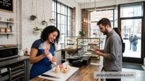 A busy modern bakery, with two employees preparing gourmet cupcakes and a customer ordering.