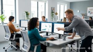 A payroll service office team collaborates on cloud-based management software