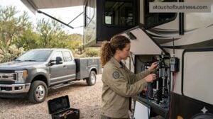 Field technician repairs fifth-wheel travel trailer slide-out mechanism in a natural desert campground.
