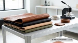 Close-up of premium finished vegetable-tanned full-grain leather sides ready for a workshop.