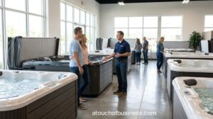 Inside a modern, well-lit hot tub retail showroom with various models displayed.