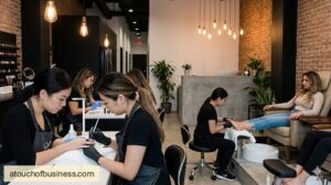 Inside a different modern nail salon with exposed brick and distinct technicians applying nail art to new clients.