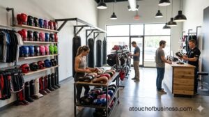 Inside a busy kickboxing equipment store showing customers browsing gloves and heavy bags.