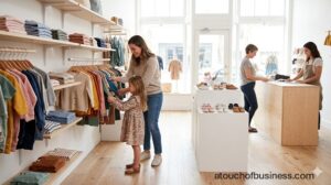 Modern children's clothing boutique with mother and daughter browsing colorful racks of stylish outfits.
