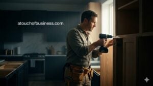 Cinematic still of a handyman installing cabinets in a moody modern kitchen, focused lighting on his hands and drill.
