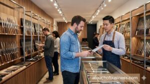 A knife shop interior with bright lighting. A customer browses kitchen cutlery while speaking with an employee.
