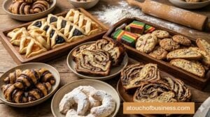 An overhead photograph displays traditional kosher pastries like rugelach, babka, and hamentashen on rustic trays.