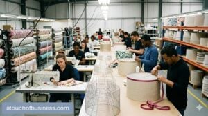 Workers assemble fabric lampshades in a small manufacturing factory production line.