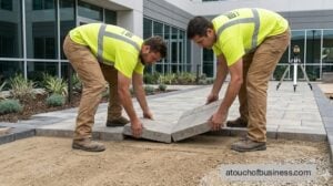 Landscaping crew installs concrete pavers for a new walkway in a modern courtyard.