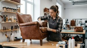 A leather technician meticulously repairs a vintage leather armchair in a clean, modern workshop.