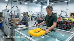 A technician performs a buoyancy test on a life jacket in a quality control lab within in a factory.