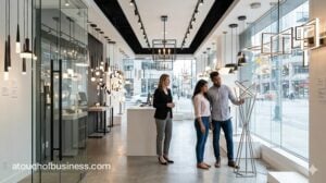 A brightly lit modern light fixture showroom in where a manager assists a couple browsing pendant lights.