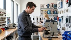 A locksmith cutting a new key in a clean workshop with tools and a customer looking at smart locks.