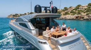 A modern luxury motor yacht cruising Mediterranean coastal waters with guests enjoying the aft deck.