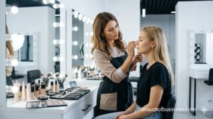 Professional makeup artist working on a client in a modern studio.