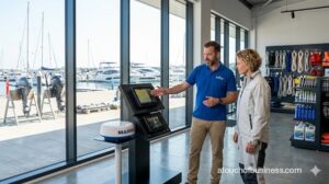 Staff helps customer with marine electronics at a modern boat supply store showroom overlooking a marina.