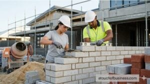 Masonry workers build a brick wall on a modern residential construction site.