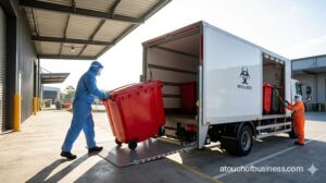 Employees in PPE load a medical waste truck at a modern disposal facility.