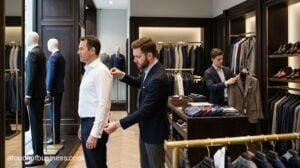 Salesperson measuring a customer for a suit in a formal men's clothing store.