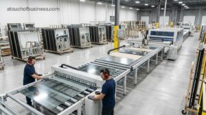 Employees operating automated conveyor belts processing glass sheets in a modern mirror manufacturing plant.