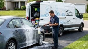 Mobile car wash operator uses foam cannon on a car in a suburban driveway.