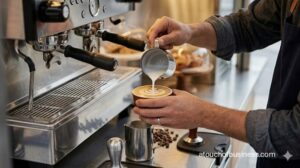 Close-up photo focusing on a barista’s hands pouring intricate latte art at a mobile coffee cart.