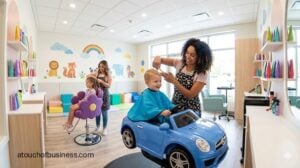 Modern kids' salon with rainbow decor, car-shaped styling chairs, and children getting haircuts.