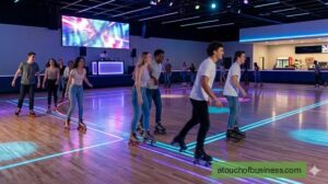 Modern interior of a busy roller skating rink at night with neon lighting and diverse skaters on a polished wood floor.