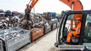 A modern scrap yard excavator uses a grapple to sort industrial metal recycling into labeled bins, featuring a safety-clad worker.