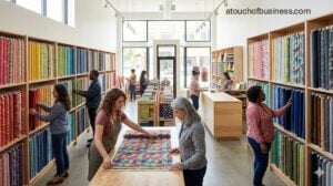Customers browsing colorful fabric bolts and watching a clerk measure fabric at a modern boutique textile shop.