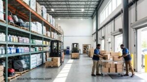 Modern janitorial supplies warehouse with staff moving inventory in a bright, organized facility.