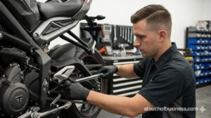 Close-up of a mechanic adjusting the drive chain tension on a sportbike in a clean service bay.