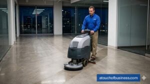 A man operating an automatic floor scrubber machine in a modern office hallway at night.