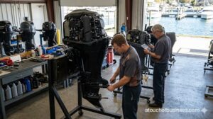 A photo of a mechanic repairing a modern black four-stroke outboard motor mounted on a stand in a workshop bay.