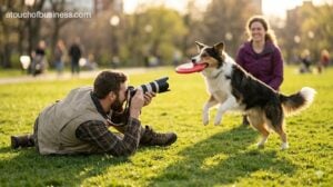 Male photographer capturing an action shot of a Border Collie catching a frisbee in a park during sunset.