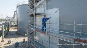 A worker on high scaffolding applies specialized coating to a massive industrial storage tank using a roller.