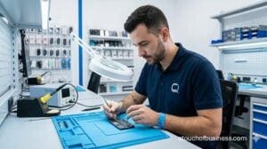 Male technician repairing a smartphone at a modern workbench in a clean electronics repair shop.