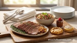 Close-up of premium Kosher catering menu items: roasted Glatt brisket and gourmet pareve desserts on a serving board.