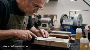 A close-up photograph of a skilled craftsman professionally sharpening a chef's knife on a wet whetstone service.