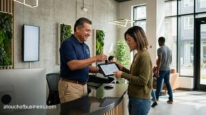 A friendly manager in a blue polo hands keys and a tablet to a tenant in a modern apartment lobby.