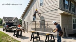 Professional crew installs modern fiber cement siding on residential home exterior