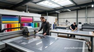 A sign company production floor showing large-format printing and vinyl application.