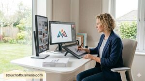 Female graphic designer refining a geometric logo on a drawing tablet in a sunlit professional home studio.