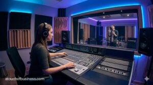 A music producer adjusts faders on a large mixing console in a modern, acoustically treated control room.