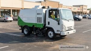 Professional modern sweeper truck cleaning debris in a large retail parking lot, operator visible.