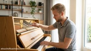 A technician tunes a light wood upright piano inside a sunlit, modern residential living room.