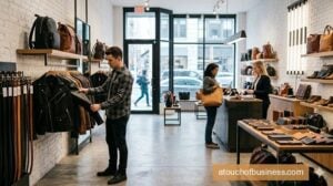 A customer browses premium leather jackets and goods in a modern, minimalist urban leather boutique.