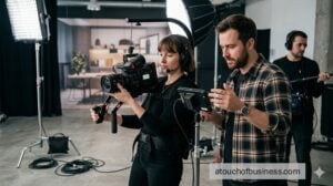 Professional crew filming a commercial with a cinema camera and lighting in a modern video production studio.